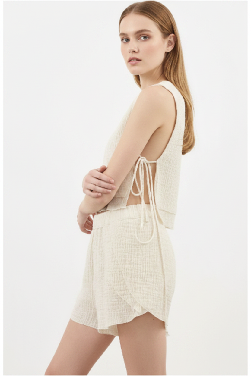 Luxury Gauze Lounge Co-ord Set in Soft Coconut Cream - Three Quarter Editorial