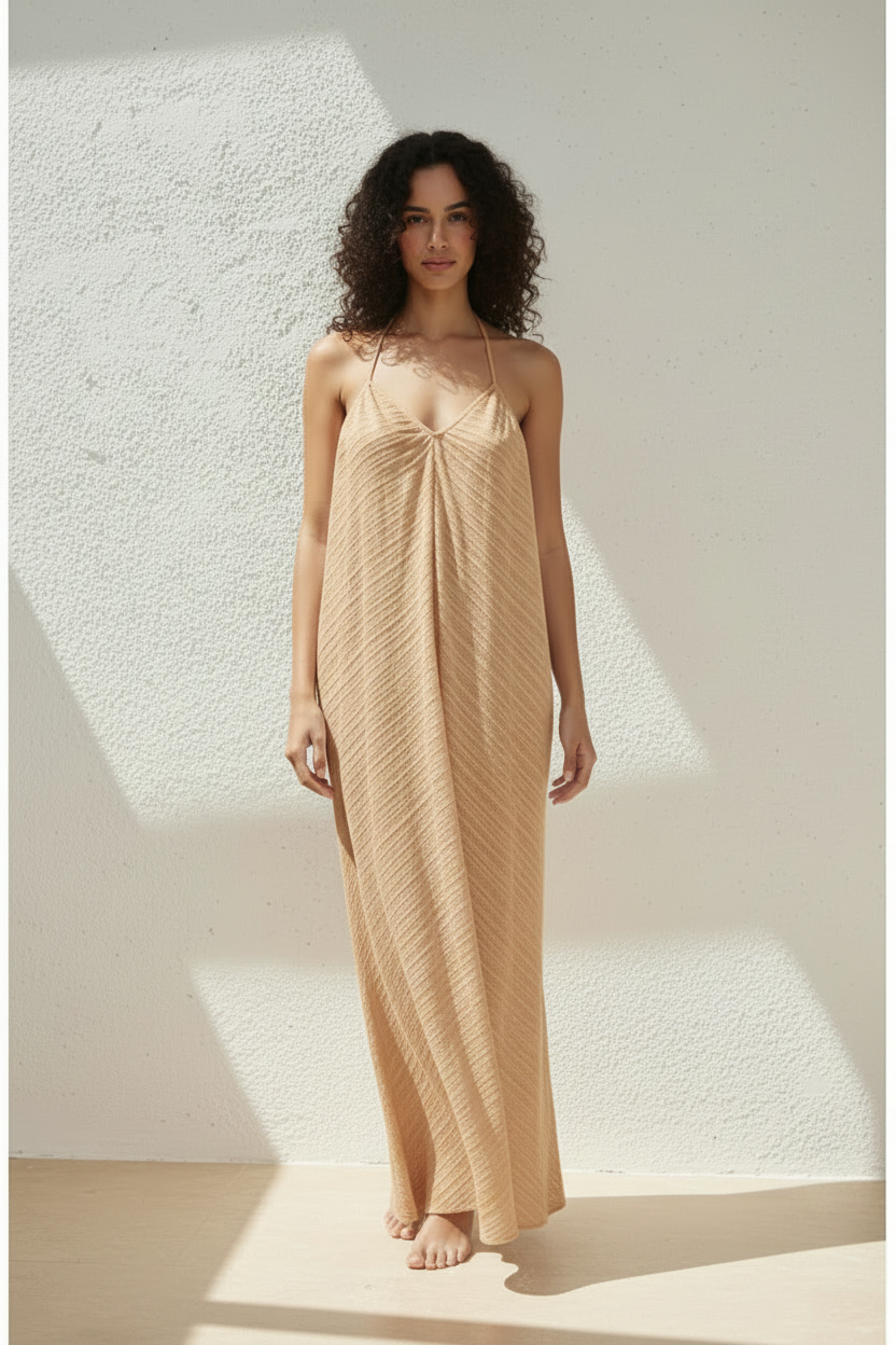 Crinkled Resort Maxi Dress in Sand Beige - Front View