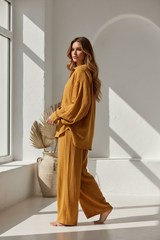 Luxury Textured Lounge Co-ord Set in Golden Desert Linen - Three Quarter Editorial