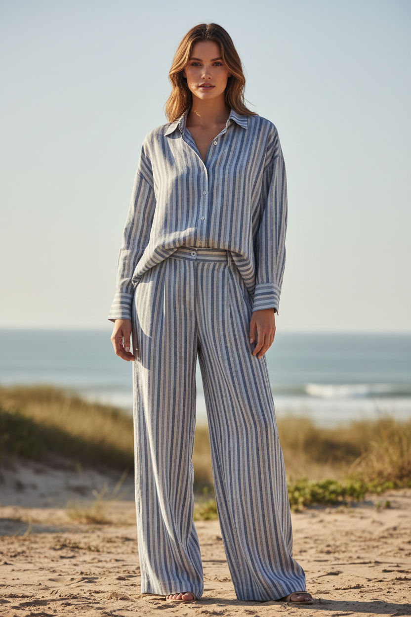 Dusty Blue & Stone Stripe – Front Full-Body