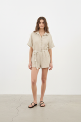 Luxury Linen Lounge Romper in Soft Sand Beige - Front Full Body