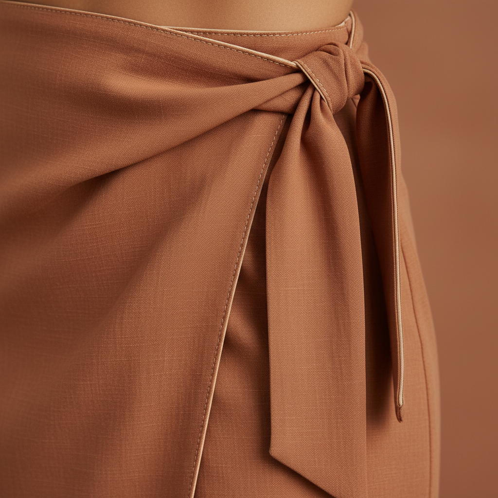 Luxury Asymmetrical Wrap Skirt in Dusty Terracotta Nude - Fabric Detail