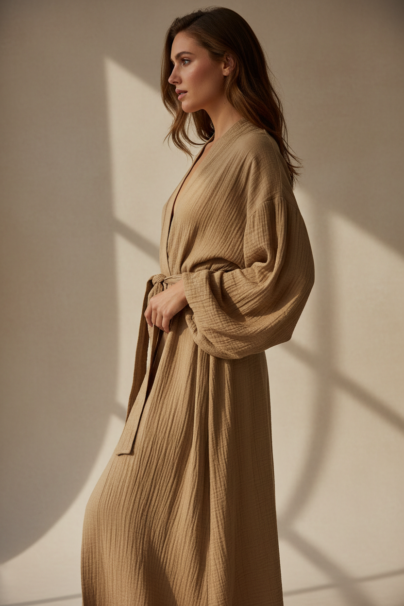 Luxury Lounge Robe Dress in Dusty Olive Nude - Side Standing