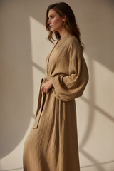 Luxury Lounge Robe Dress in Dusty Olive Nude - Side Standing