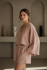 Luxury Minimal Lounge Set in Dusty Rose Nude - Three Quarter Editorial