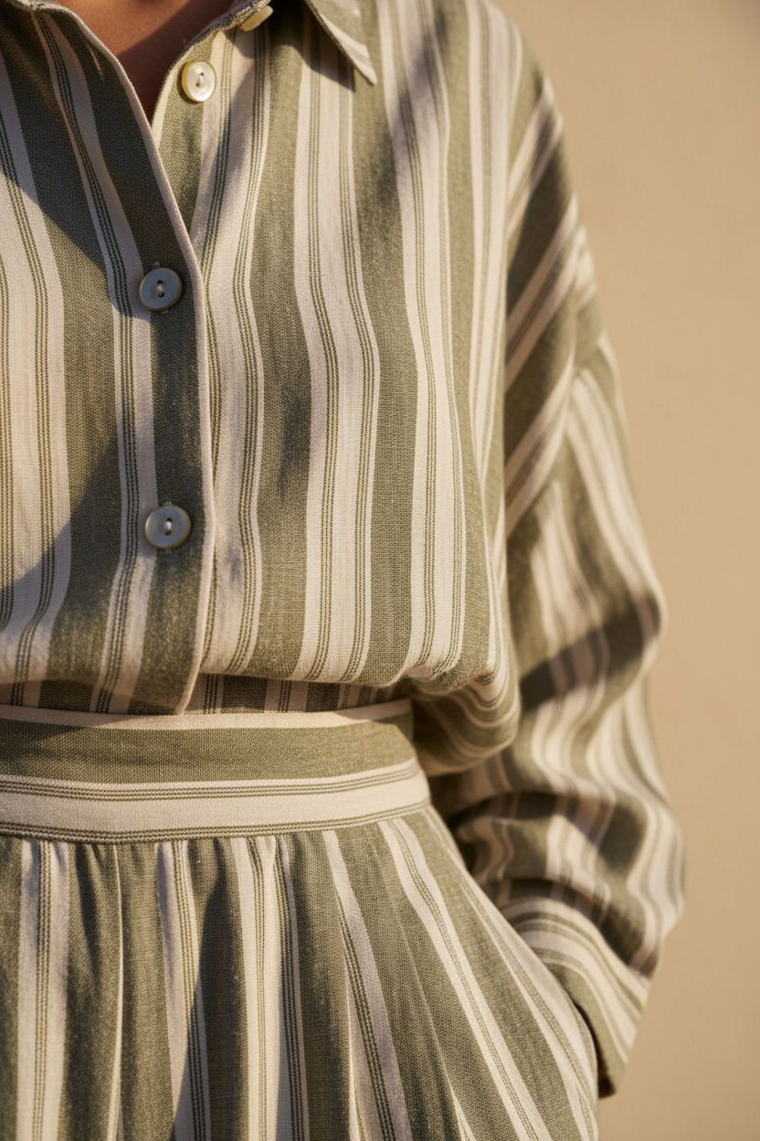 Muted Olive & Cream Stripe – Fabric Detail