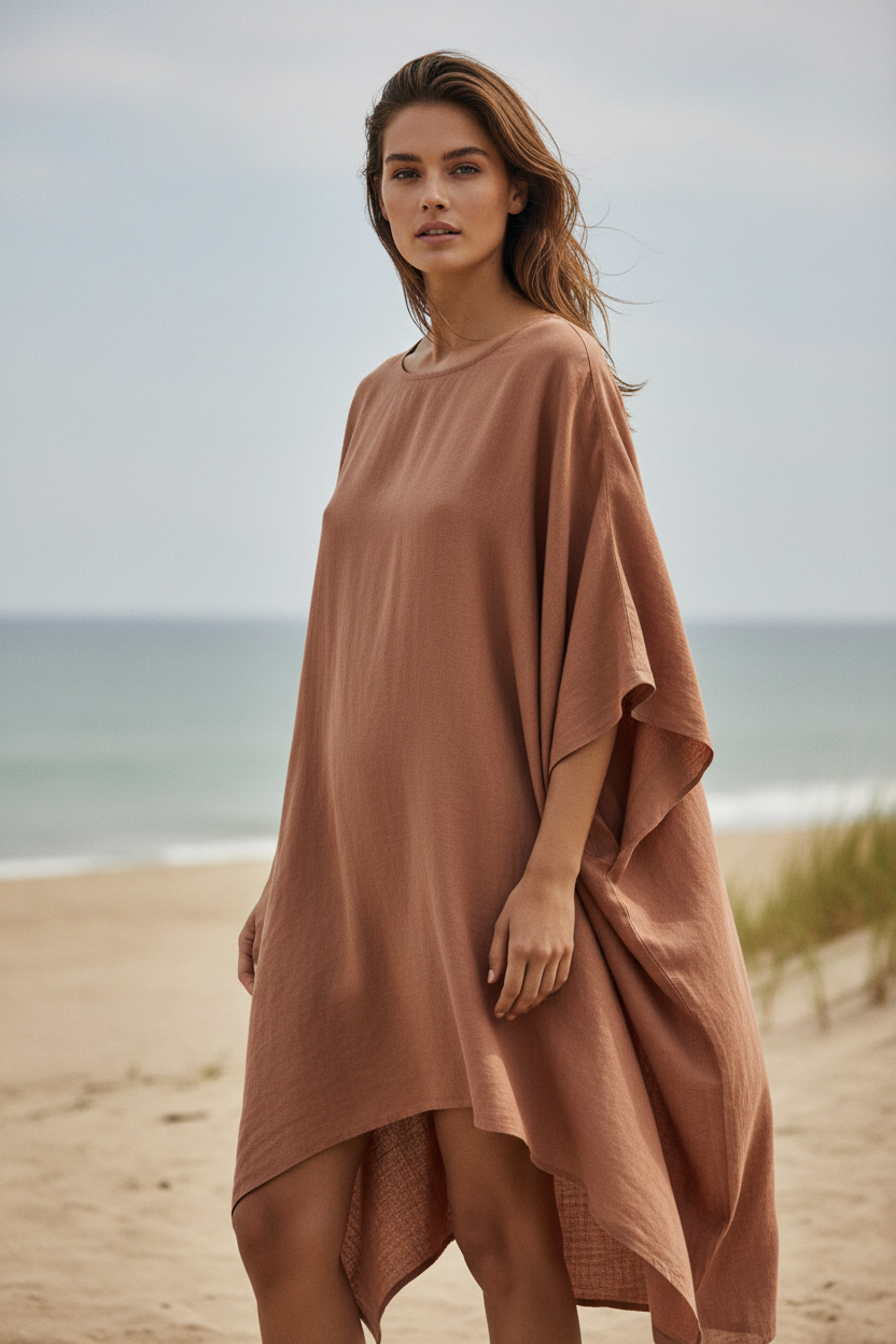 Luxury Resort Kaftan in Dusty Clay Nude - Three Quarter Editorial