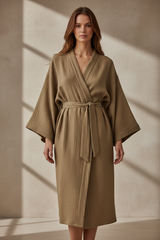 Luxury Lounge Robe Dress in Dusty Olive Nude - Front Full Body