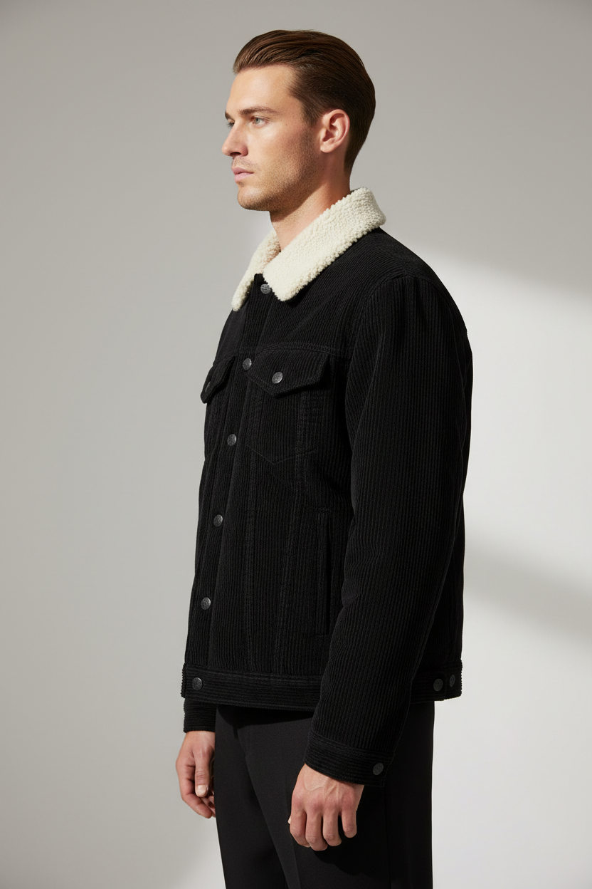 Luxury Sherpa-Collar Corduroy Trucker Jacket - Midnight Black - Side Angle