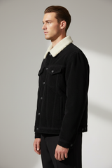 Luxury Sherpa-Collar Corduroy Trucker Jacket - Midnight Black - Side Angle