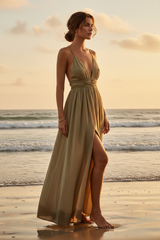 Luxury Resort Lounge Maxi Dress in Dusty Olive Nude - Three Quarter Editorial