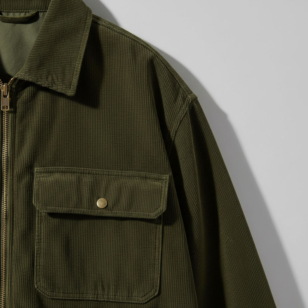 Luxury Corduroy Zip-Up Jacket - Olive Forest Green - Detail Close Up