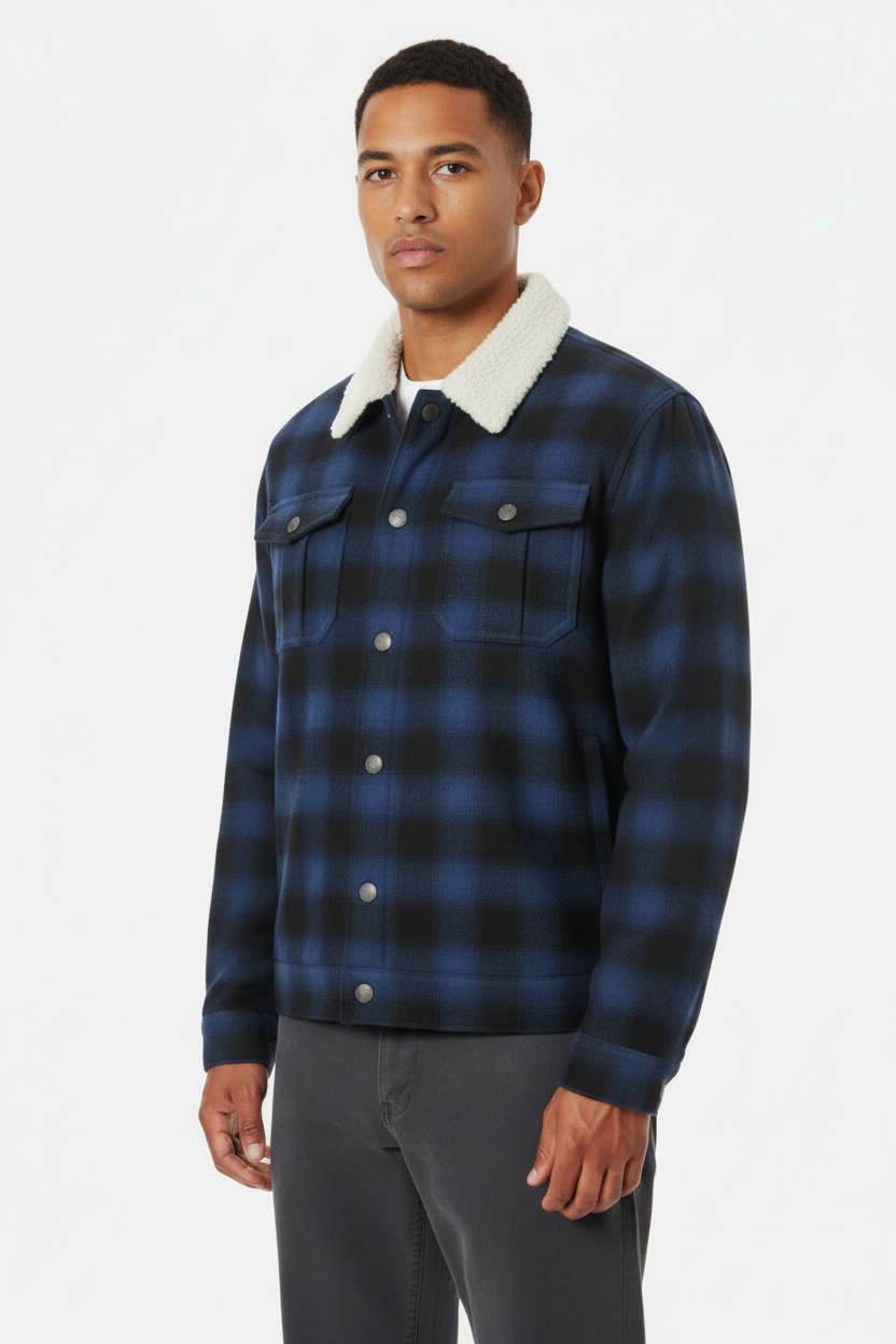 Luxury Plaid Sherpa-Collar Trucker Jacket - Midnight Navy Plaid - Three Quarter