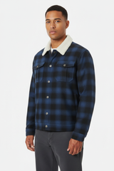 Luxury Plaid Sherpa-Collar Trucker Jacket - Midnight Navy Plaid - Three Quarter
