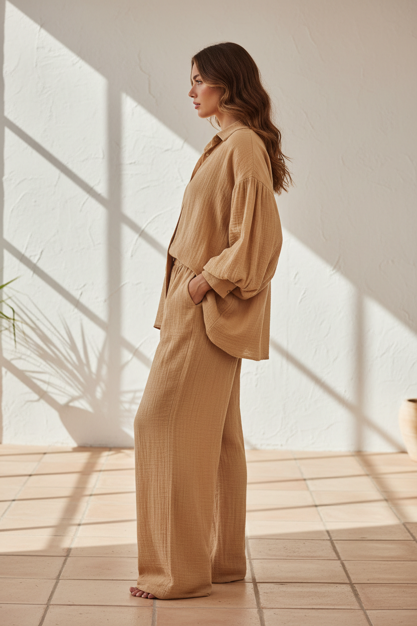 Luxury Textured Lounge Co-ord Set in Warm Sand Beige - Side Standing