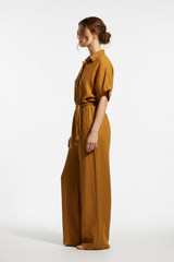 Luxury Linen Lounge Romper in Golden Desert Linen - Side Standing
