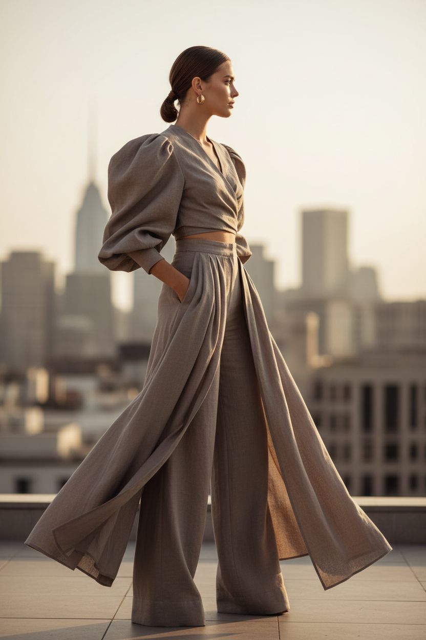 Luxury Tailored Puff-Sleeve Pants Co-ord Set in Muted Stone Taupe - Side Angle