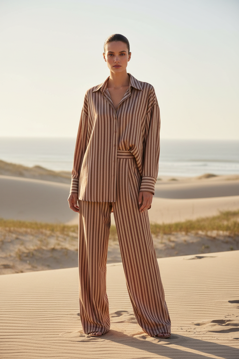 Soft Cocoa & Beige Stripe – Front Full-Body