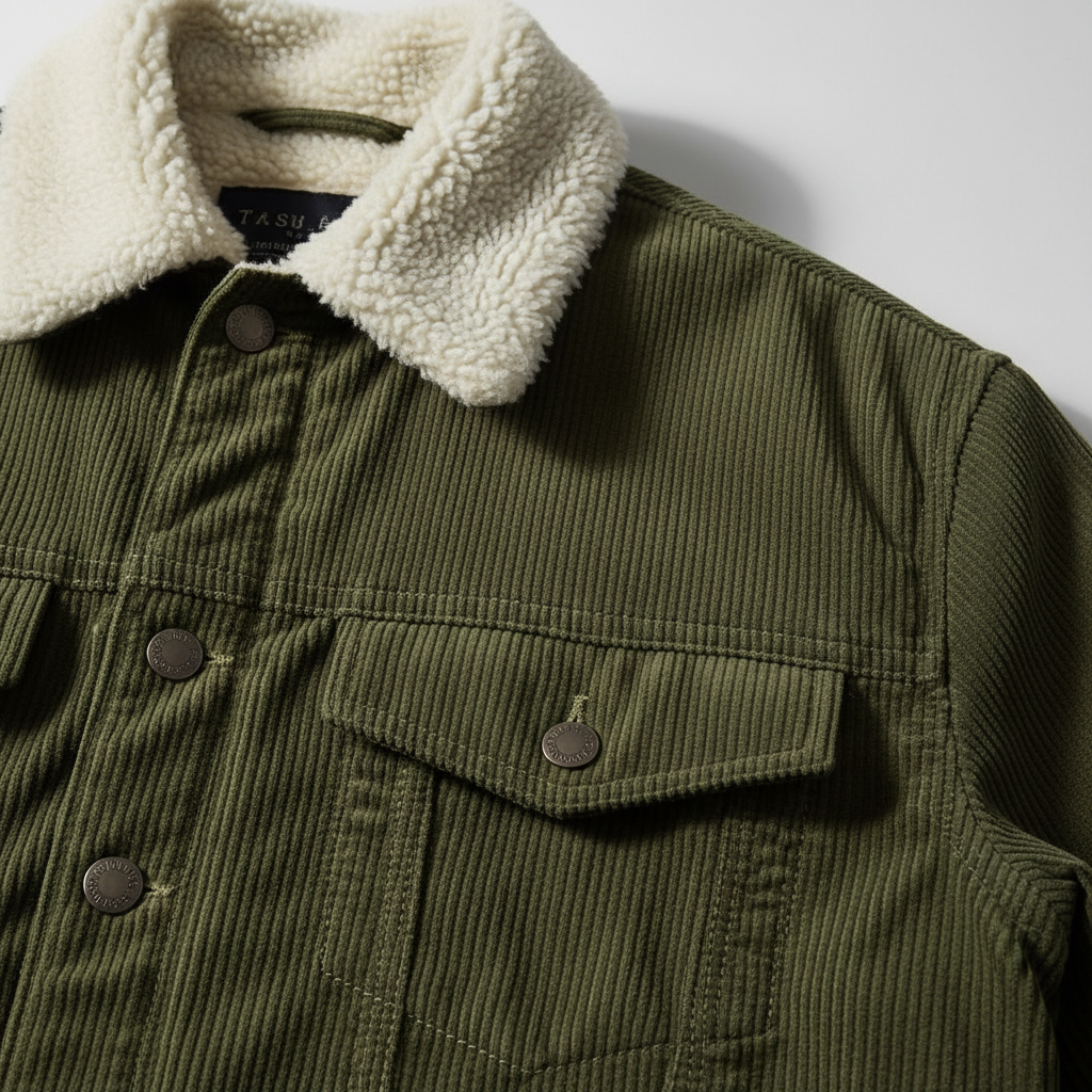 Luxury Sherpa-Collar Corduroy Trucker Jacket - Olive Forest Green - Detail Close Up