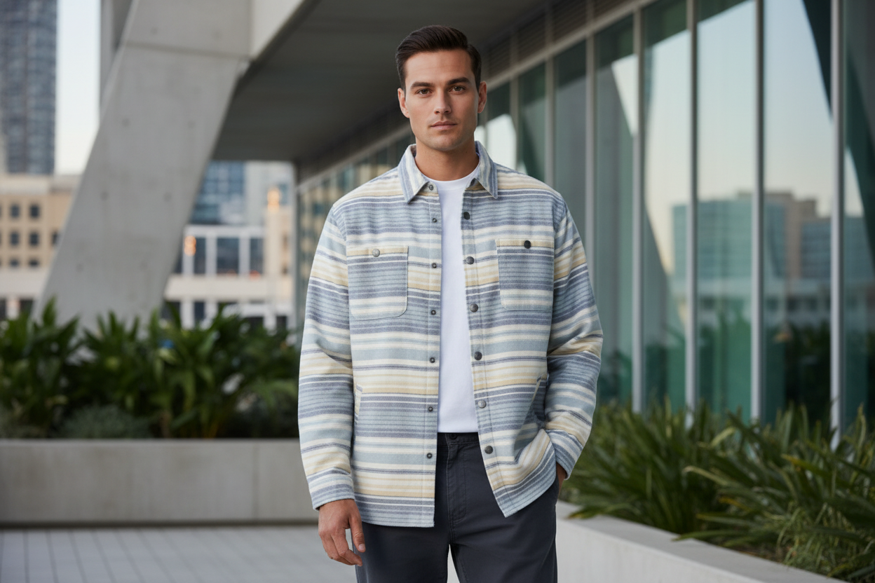 Luxury Striped Overshirt Jacket - Ocean Mist Blue Stripe - Lifestyle