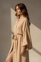 Luxury Lounge Robe Dress in Warm Sand Beige - Side Standing