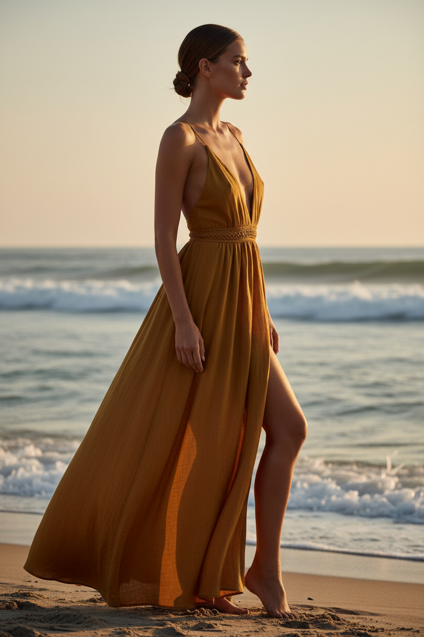 Luxury Resort Lounge Maxi Dress in Golden Desert Linen - Side Standing