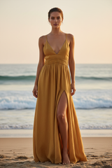 Luxury Resort Lounge Maxi Dress in Golden Desert Linen - Front Full Body