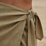 Luxury Beachwear Wrap Skirt Set in Muted Olive Sand - Fabric Detail