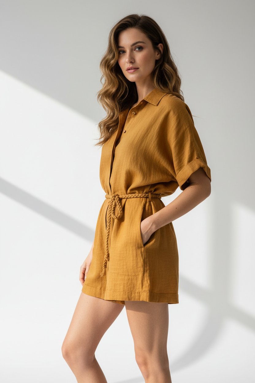 Luxury Linen Lounge Romper in Golden Desert Linen - Three Quarter Editorial