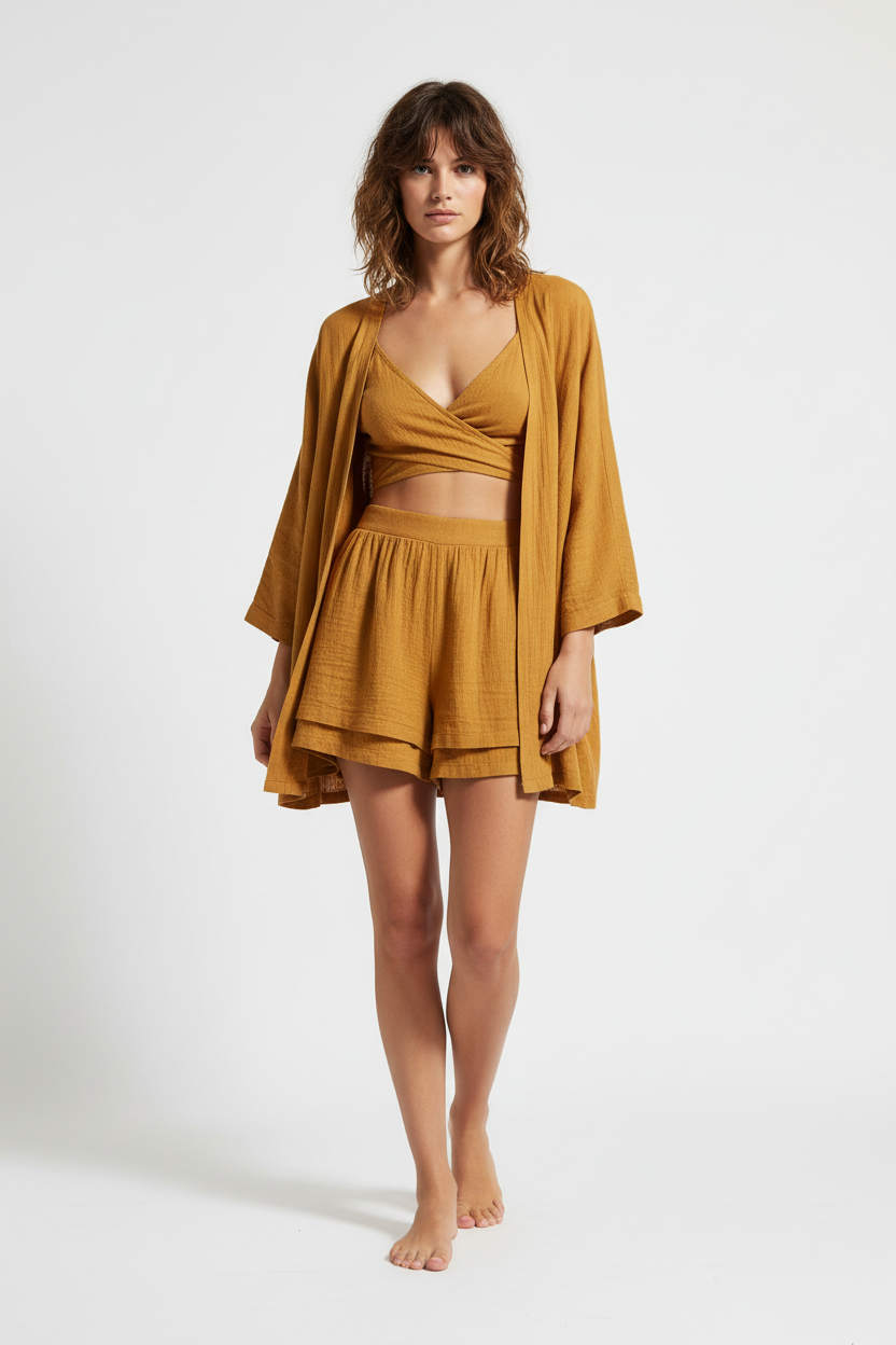 Luxury Lounge Co-ord Set in Golden Desert Linen - Front Full Body