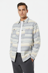 Luxury Striped Overshirt Jacket - Ocean Mist Blue Stripe - Three Quarter