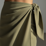 Luxury Asymmetrical Wrap Skirt in Muted Olive Stone - Fabric Detail