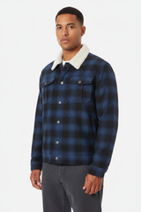 Luxury Plaid Sherpa-Collar Trucker Jacket - Midnight Navy Plaid - Front View