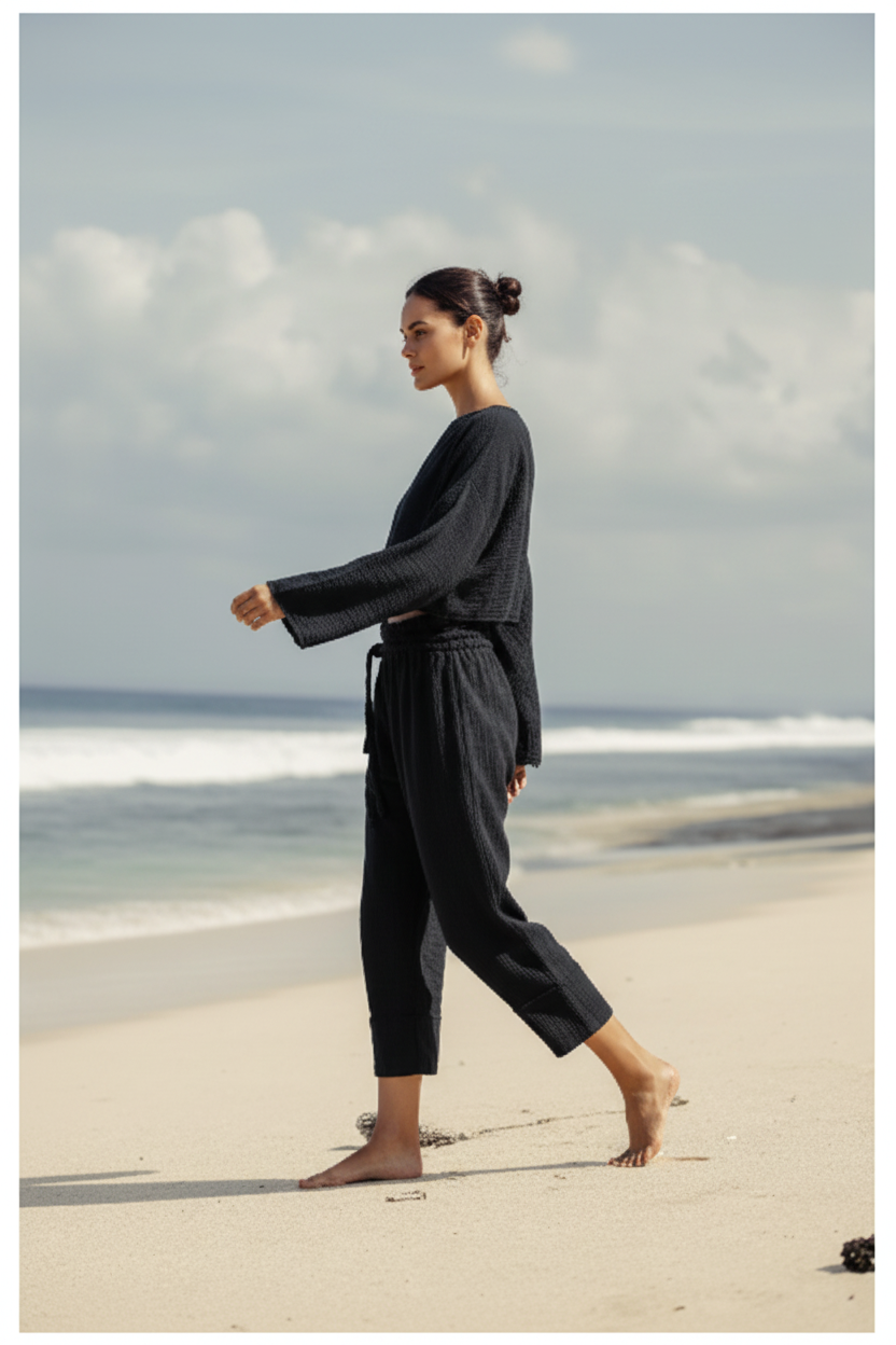 Luxury Midnight Beach Lounge Set in Midnight Black - Side Walking