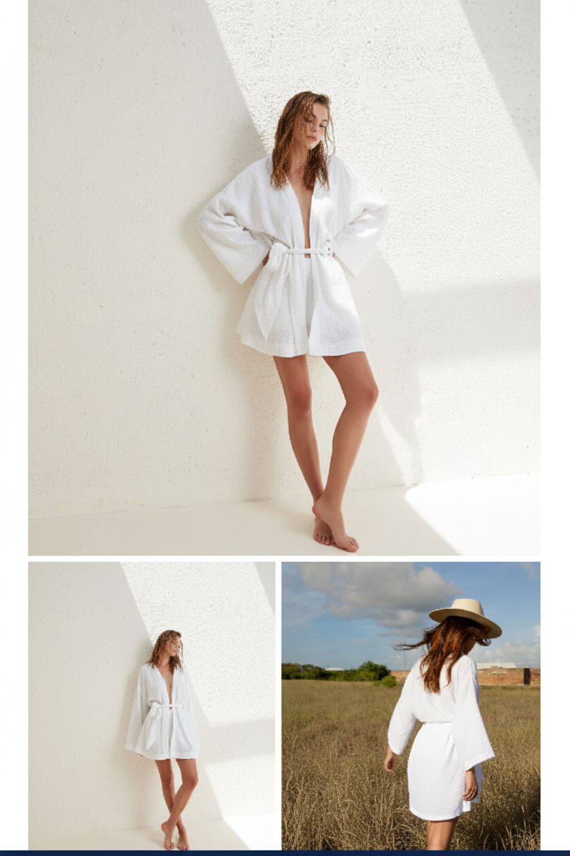 Luxury Lounge Robe Dress in Soft Coconut White - Three Quarter Editorial
