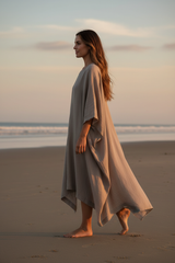 Luxury Resort Kaftan in Warm Stone Grey - Side Walking Pose