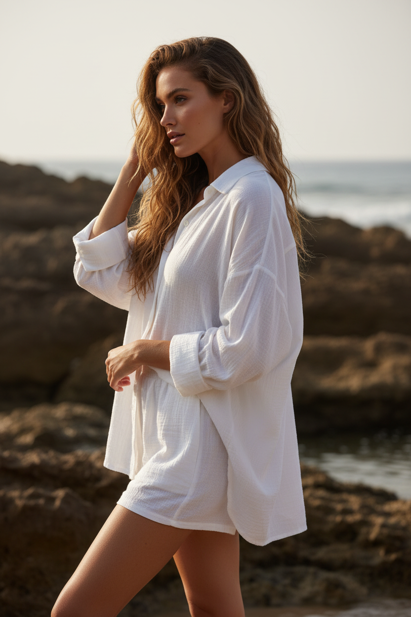 Luxury Oversized Beach Shirt Set in Soft Coconut White - Side Standing