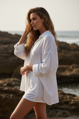 Luxury Oversized Beach Shirt Set in Soft Coconut White - Side Standing