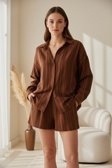 Luxury Striped Loungewear Short Set in Soft Cocoa Stripe - Front View