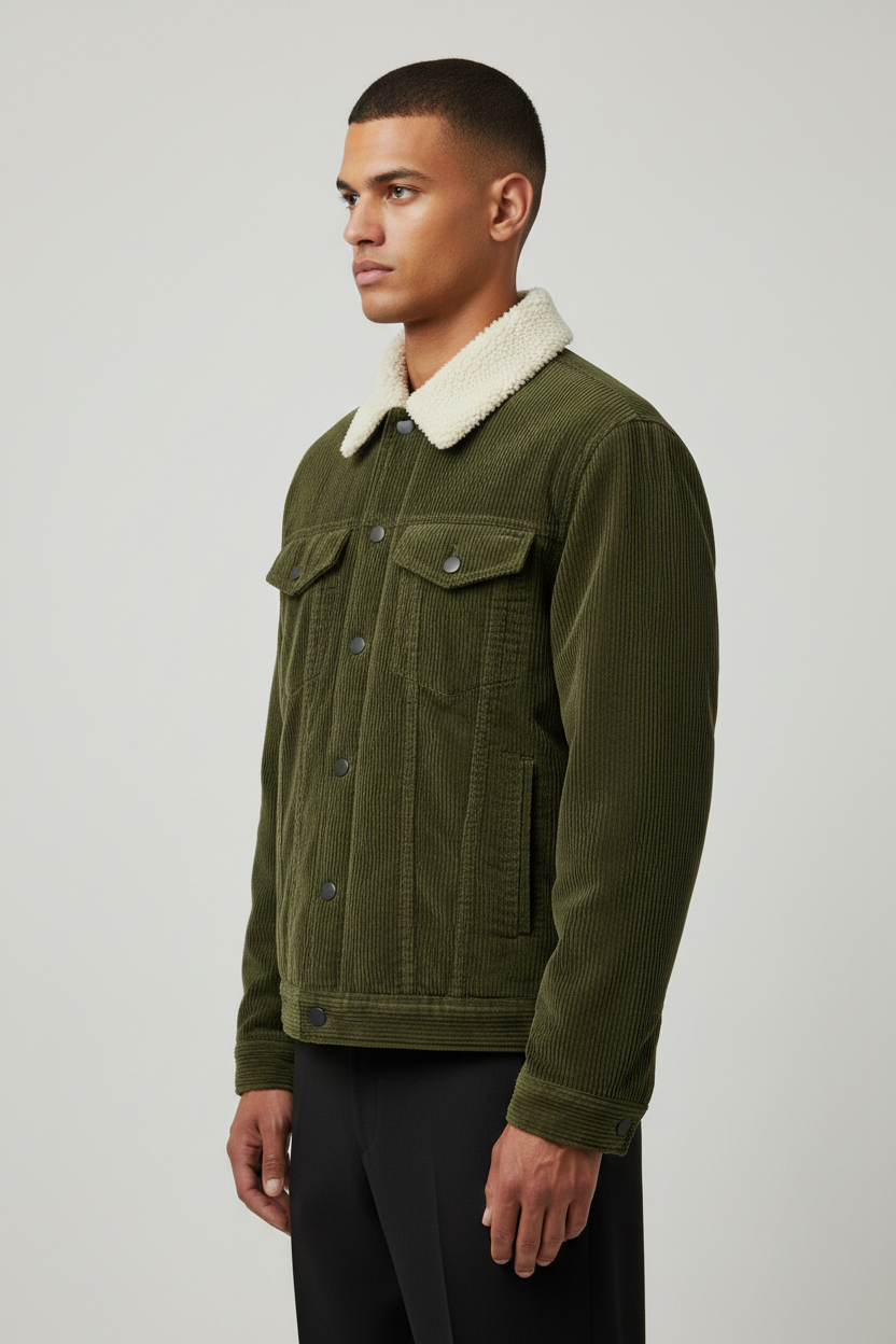 Luxury Sherpa-Collar Corduroy Trucker Jacket - Olive Forest Green - Side Angle