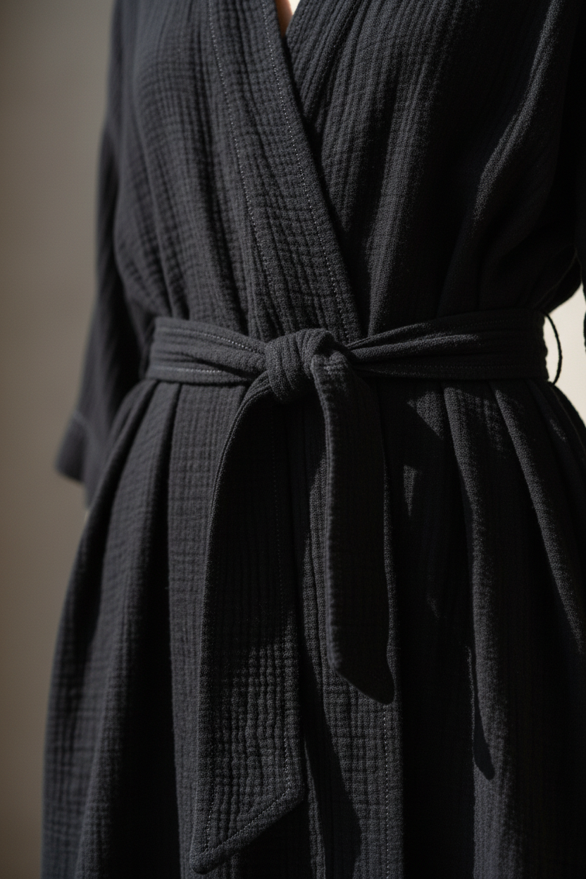 Luxury Lounge Robe Dress in Midnight Black - Fabric Detail