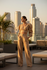 Luxury Tailored Puff-Sleeve Pants Co-ord Set in Warm Sand Beige - Lifestyle Campaign
