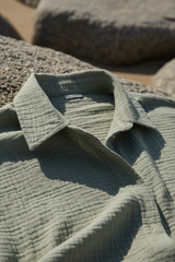 Luxury Oversized Beach Shirt Set in Muted Sage Stone - Fabric Detail