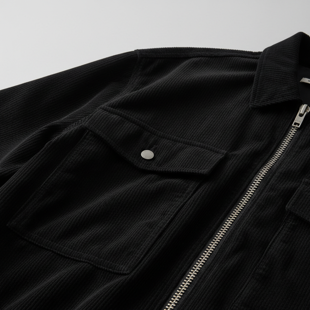 Luxury Corduroy Zip-Up Jacket - Midnight Black - Detail Close Up