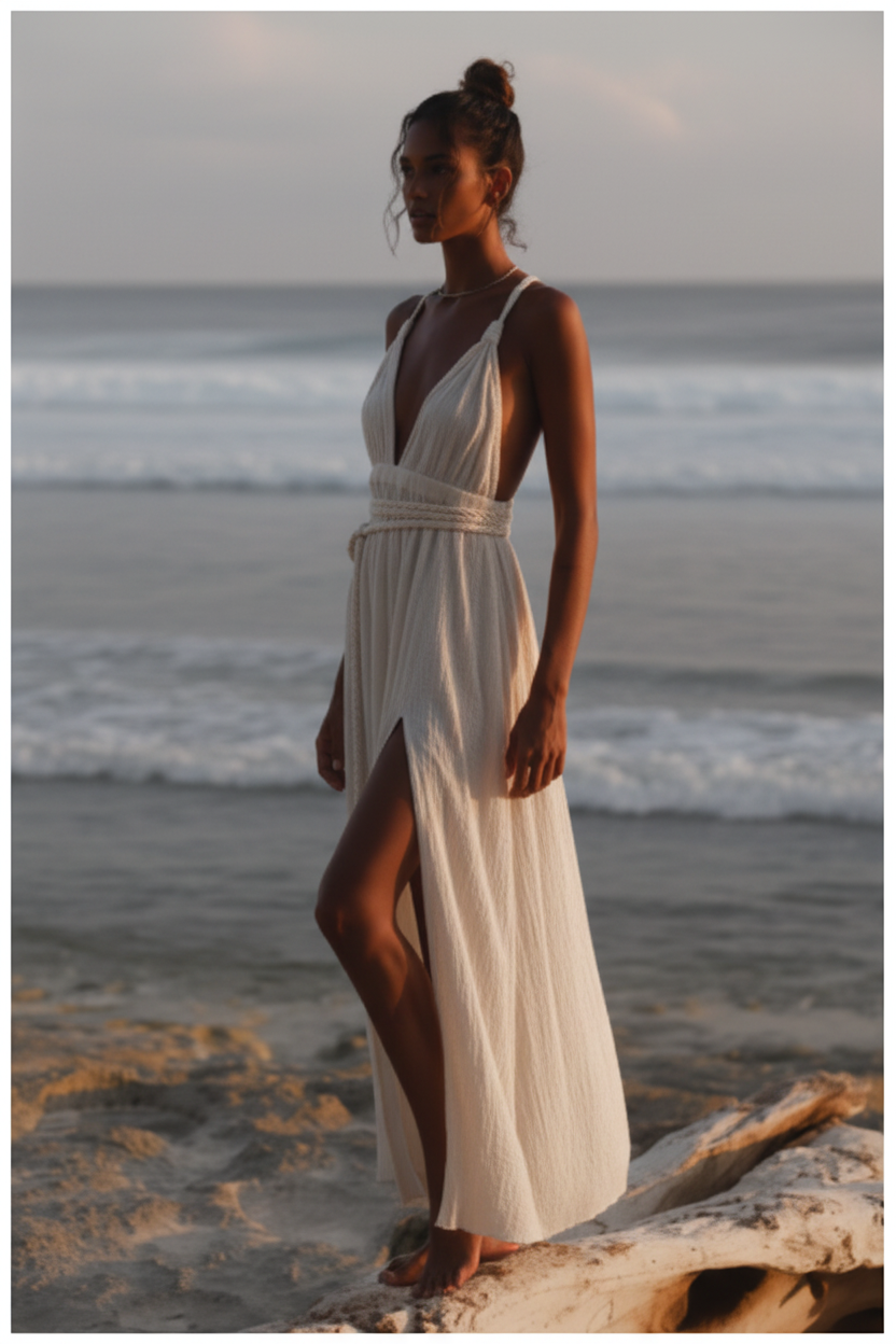 Luxury Resort Lounge Maxi Dress in Soft Coconut Cream - Side Standing
