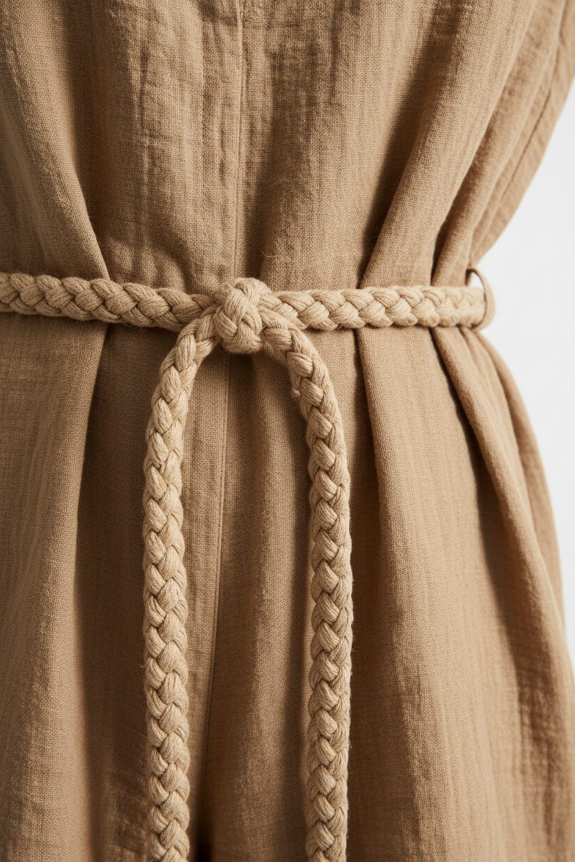Luxury Linen Lounge Romper in Dusty Olive Nude - Fabric Detail