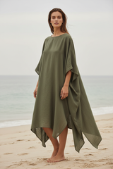 Luxury Resort Kaftan in Muted Olive Mist - Three Quarter Editorial