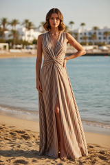 Luxury Striped Twist-Front Maxi Dress in Soft Cocoa & Taupe Stripe - Front View