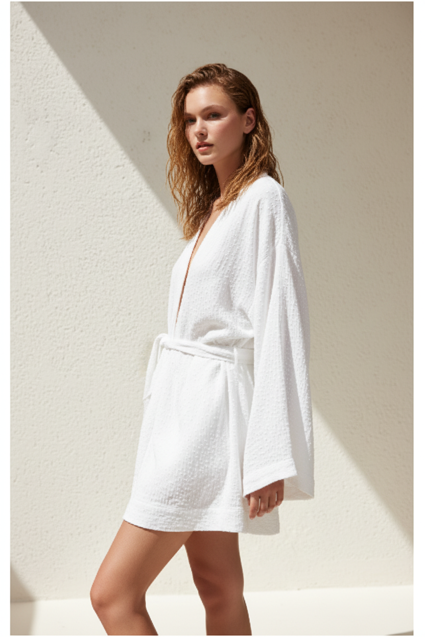 Luxury Lounge Robe Dress in Soft Coconut White - Side Standing