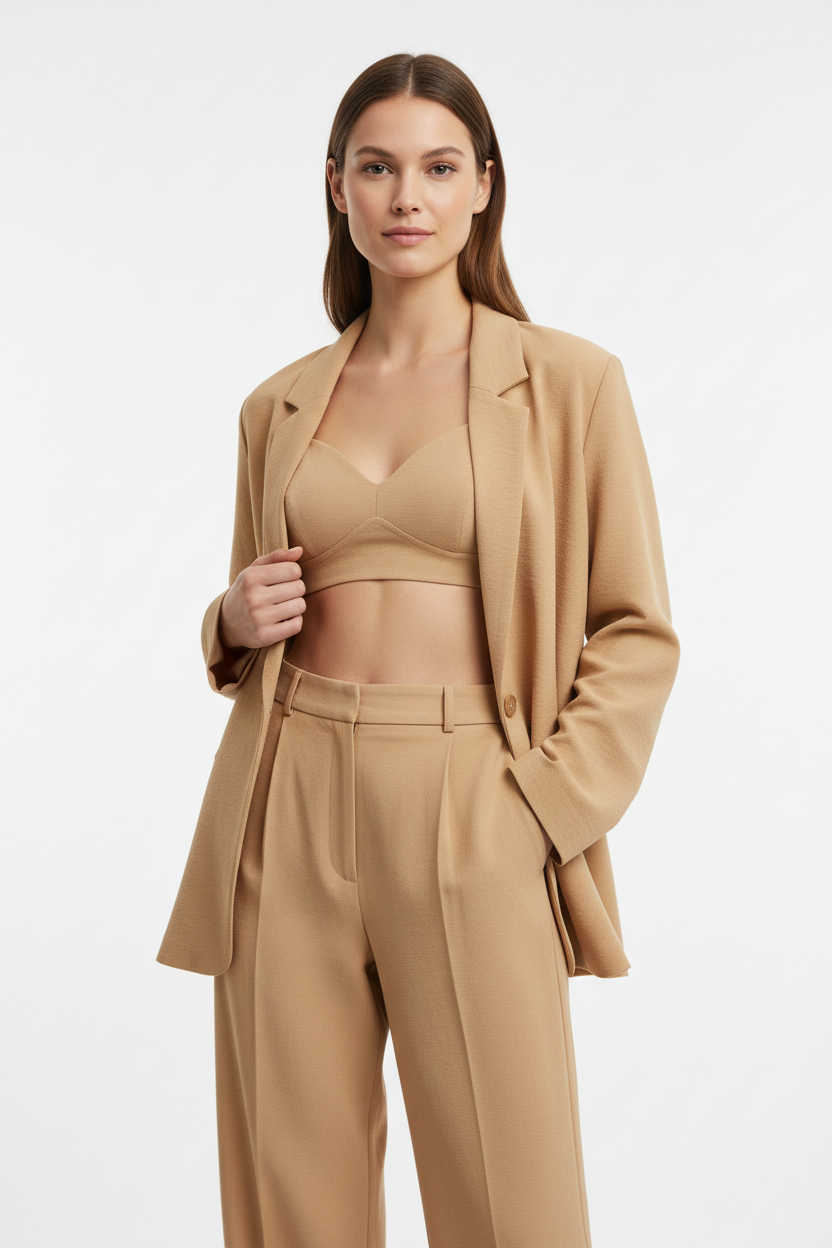 Luxury Oversized Textured Jacket Set in Warm Sand Beige - Front View